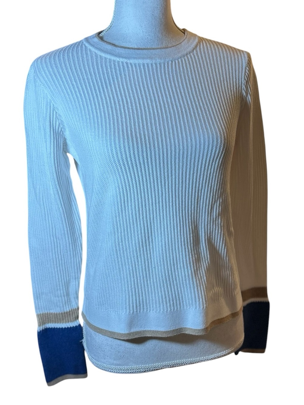 Kinross White Ribbed Sweater with Tan Neck Trim
